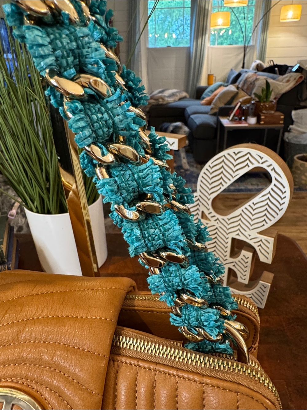 Henri Bendel Quilted Leather Shoulder Bag with Gold and Raffia Chain - Picture 3 of 15